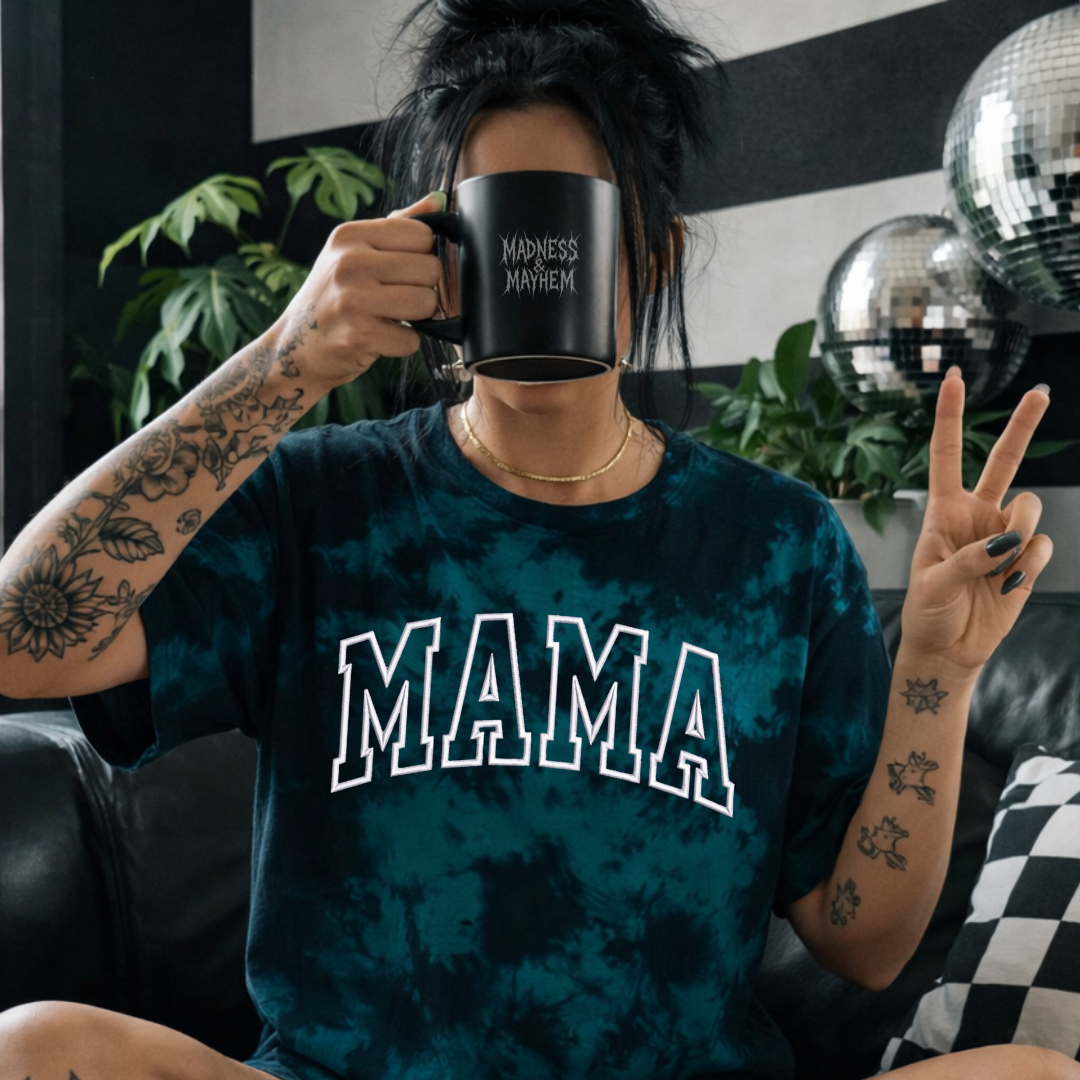 Teal varsity mama embroidered tie dye T-shirt