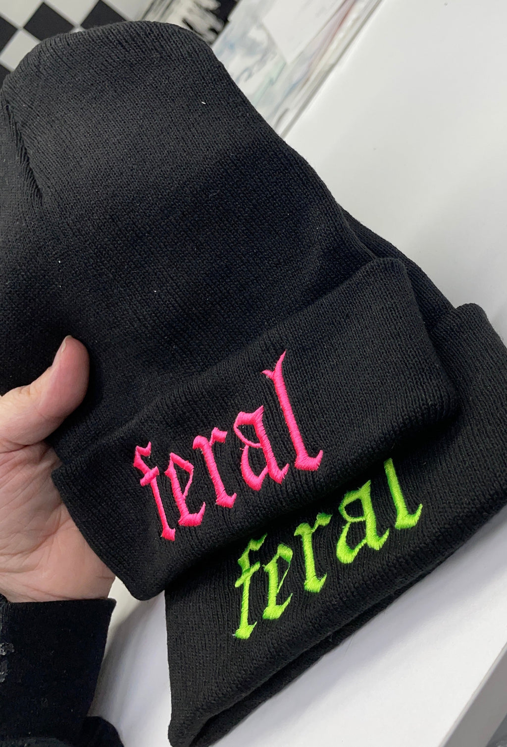 Neon Green Feral embroidered beanie