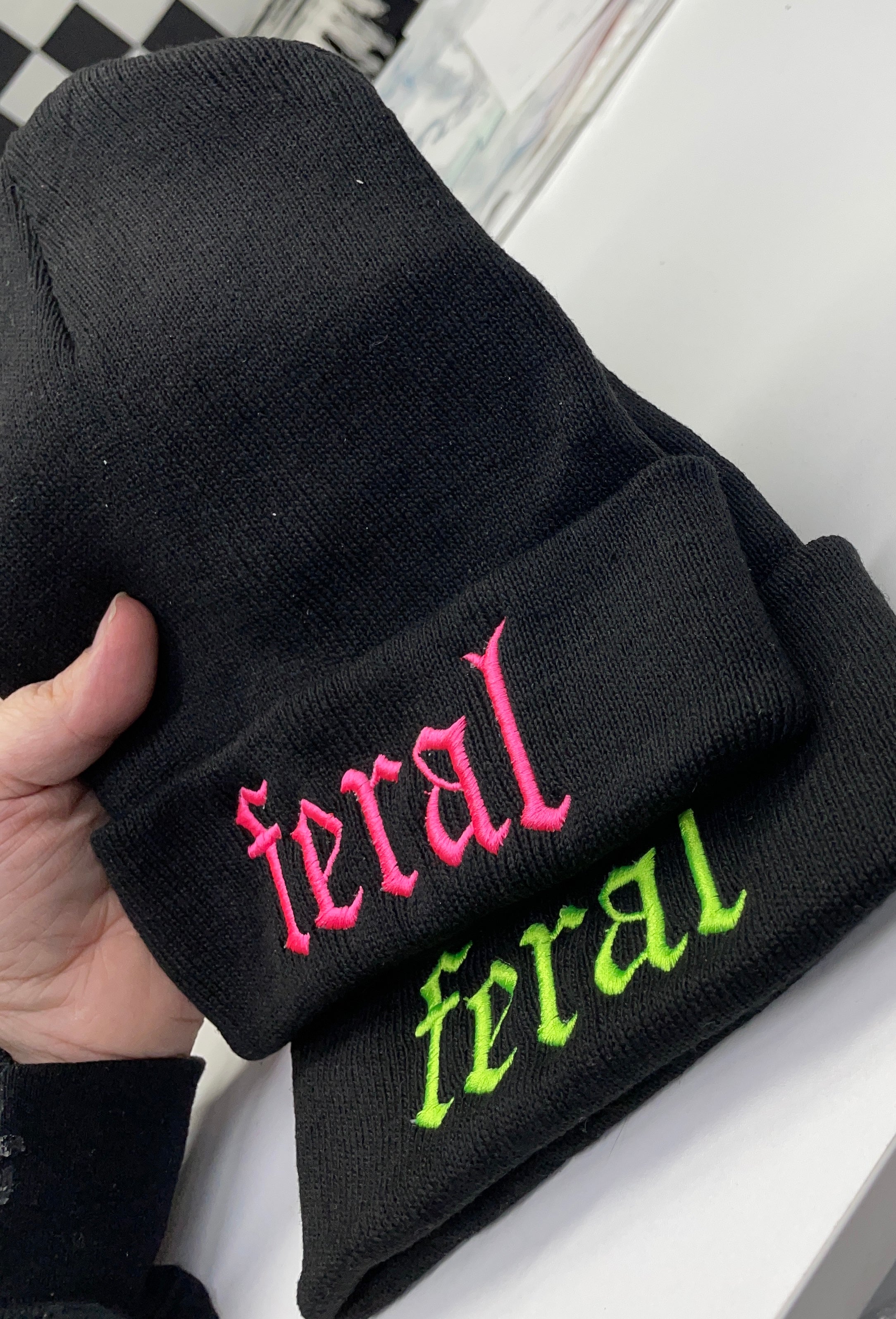 Neon Green Feral embroidered beanie