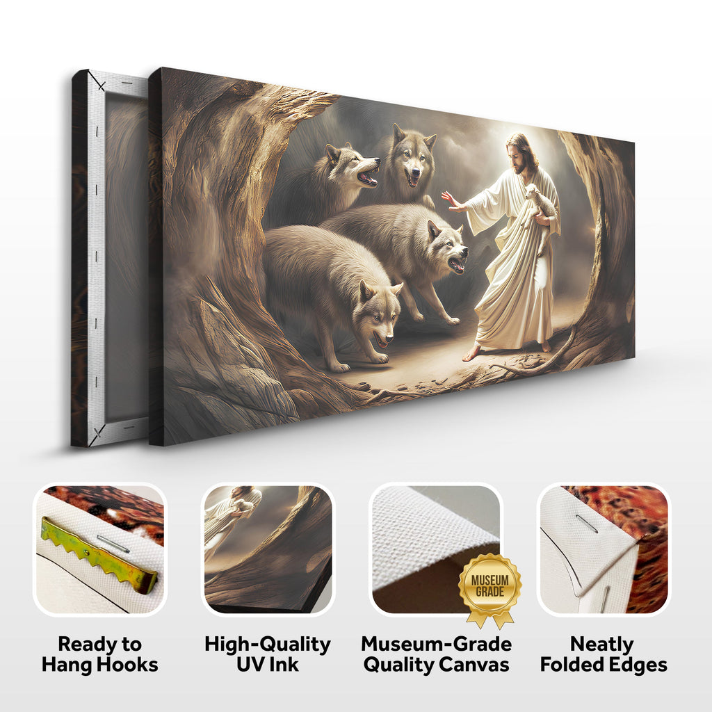 Jesus Protects The Lamb From Wolves Faith Wall Art III