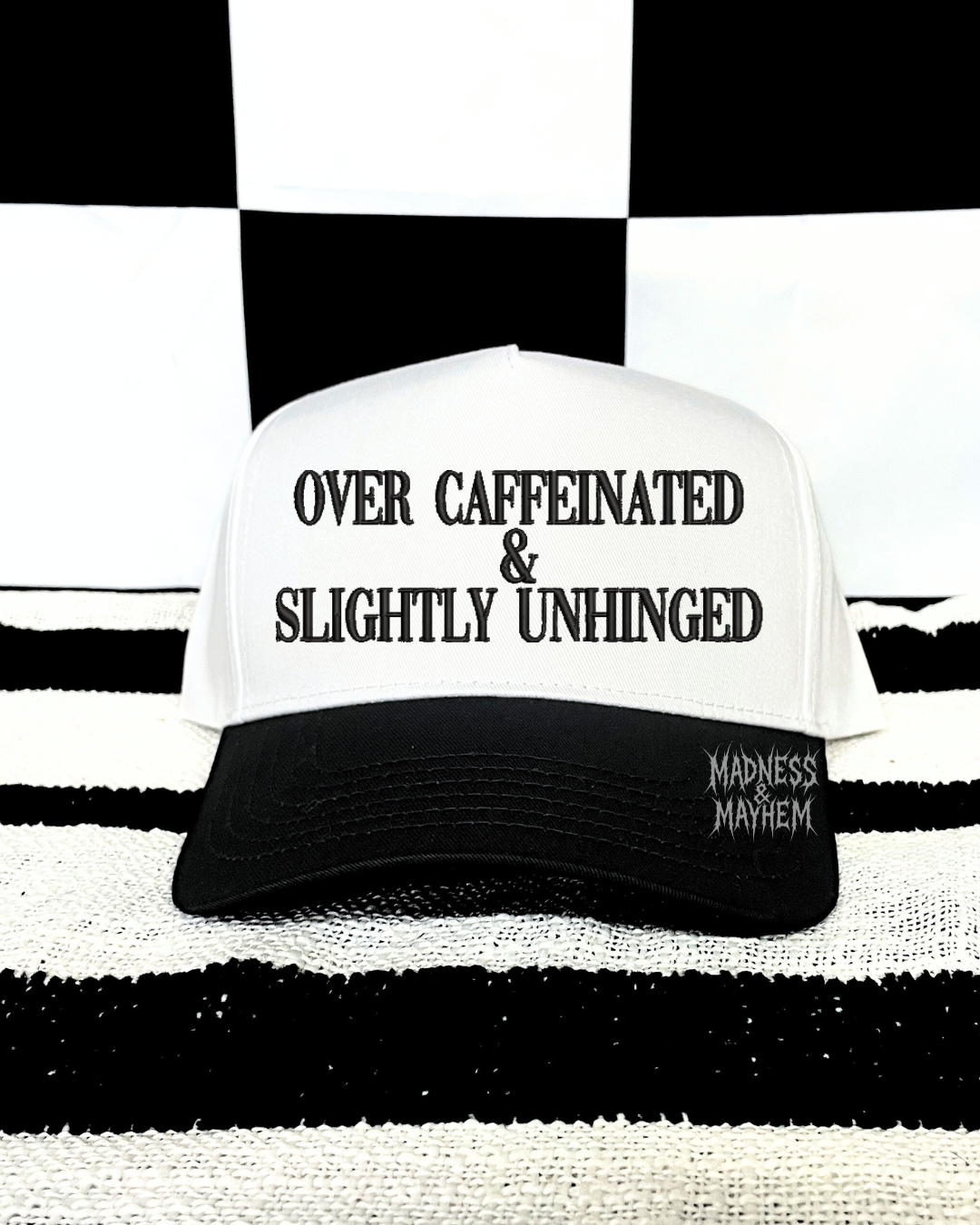 over caffeinated & slightly unhinged mbroidered hat (black/white)