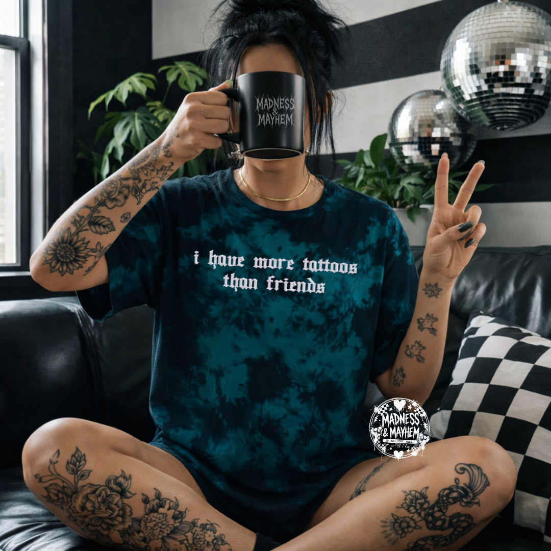 Teal More tattoos than friends embroidered tie dye T-shirt