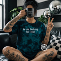 Teal Be so fucking for real embroidered tie dye T-shirt