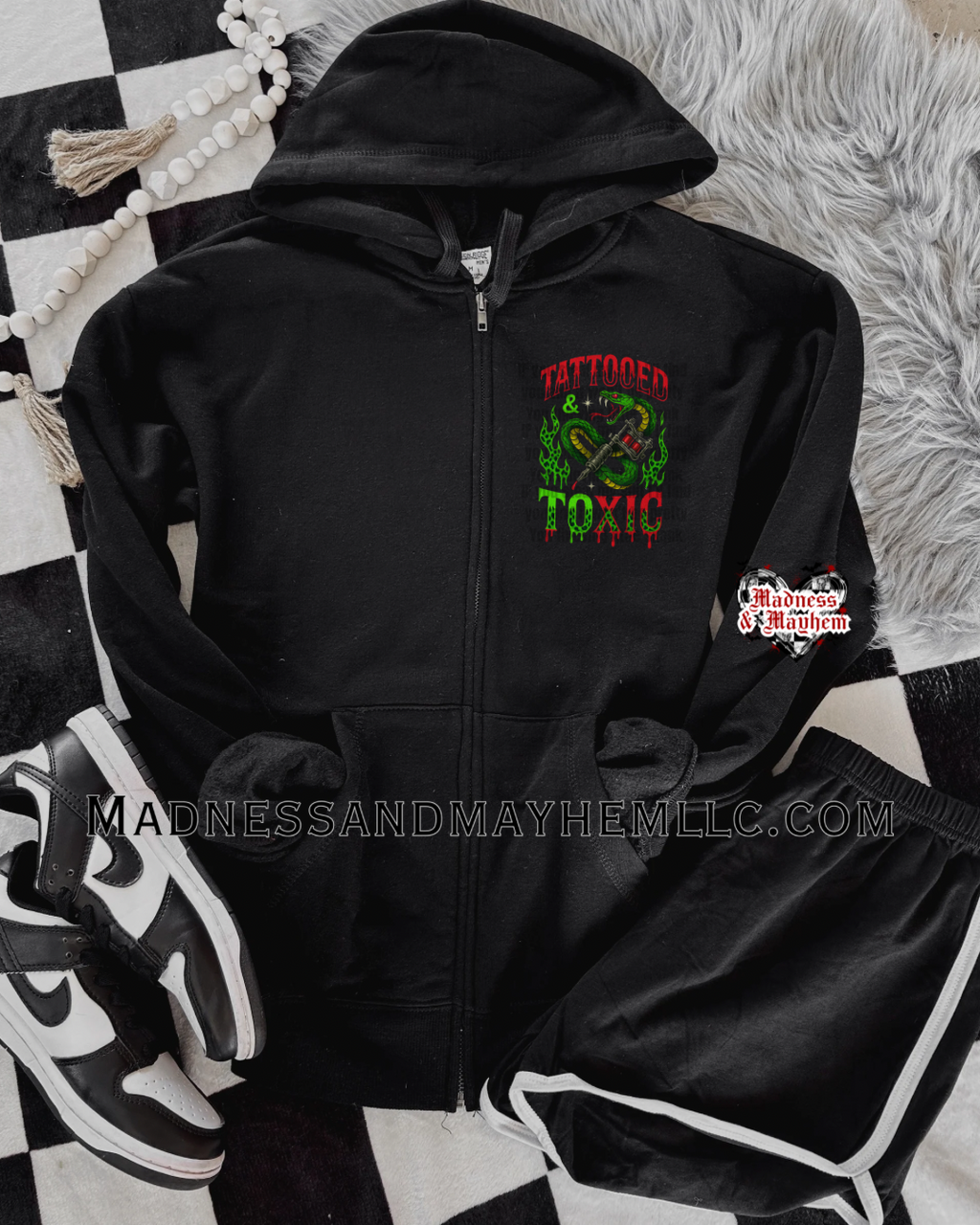 Tattooed & toxic zip up hoodie