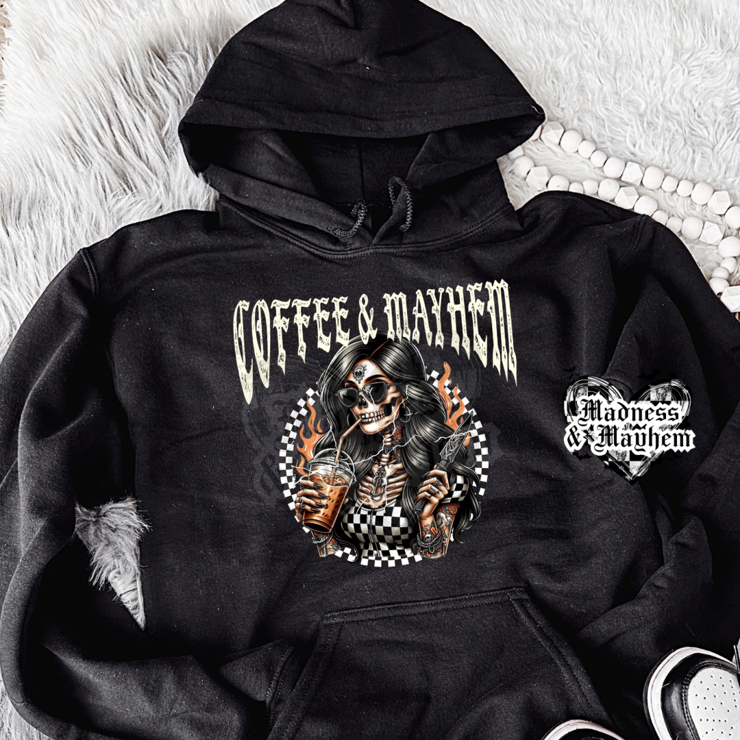 Coffee & Mayhem hoodie (finished product)