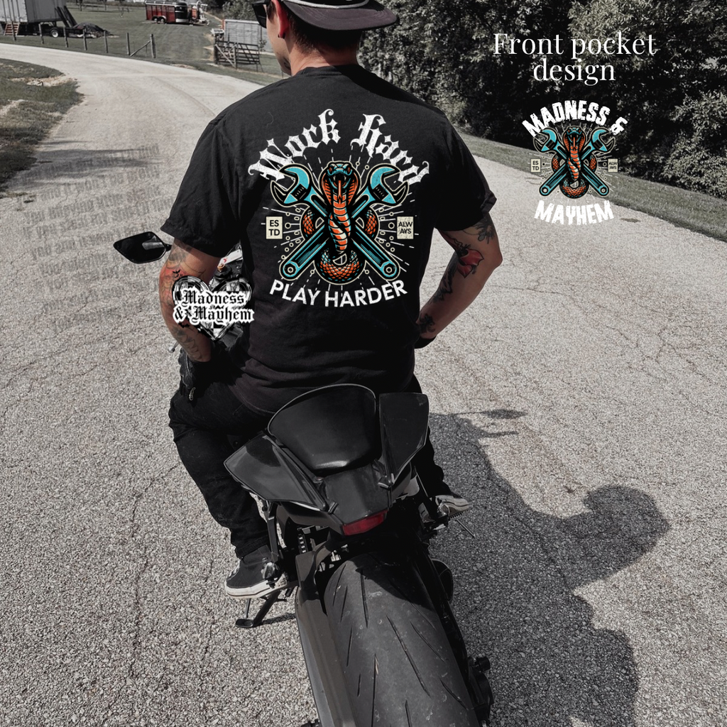 Mens work hard play harder front/back TShirt