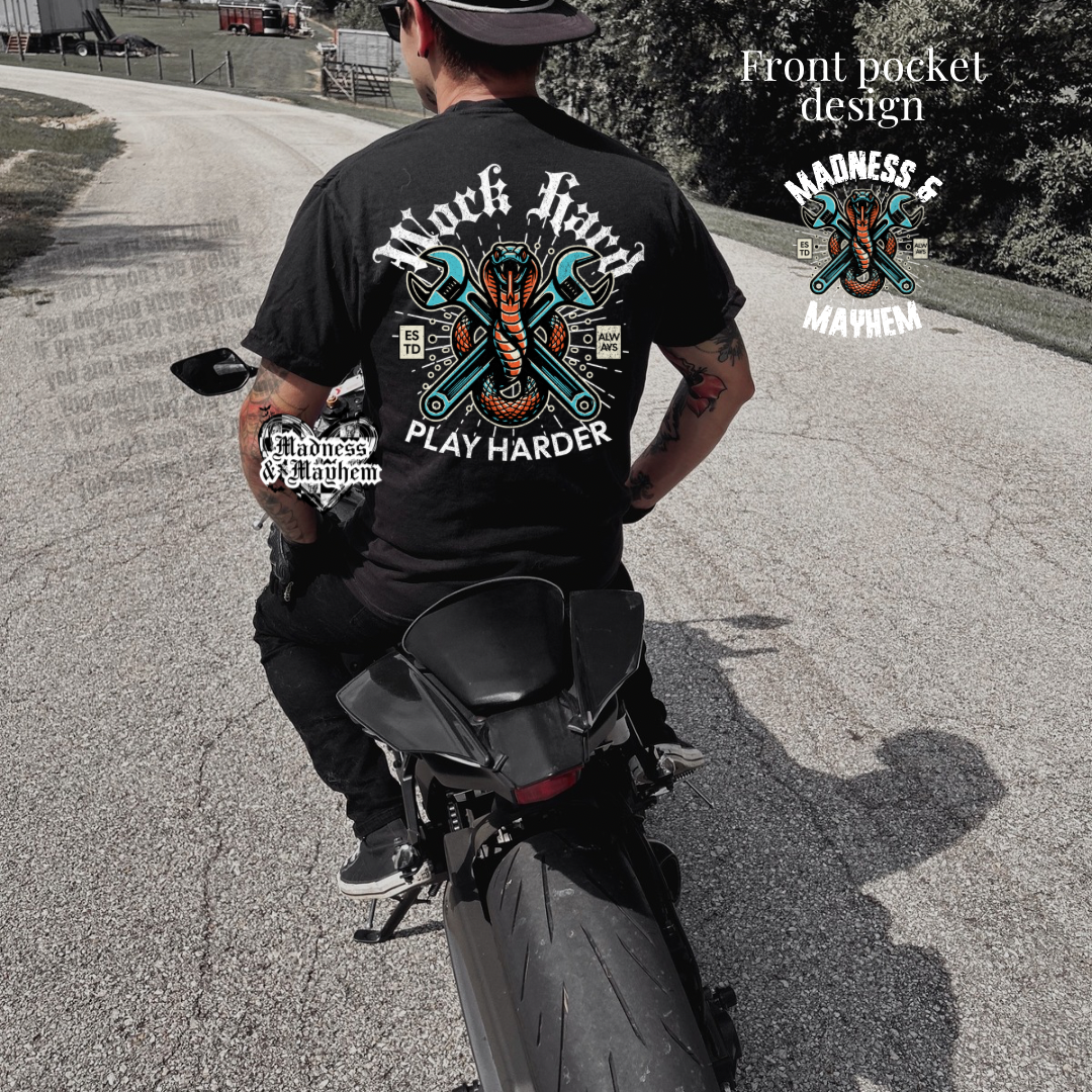 Mens work hard play harder front/back TShirt