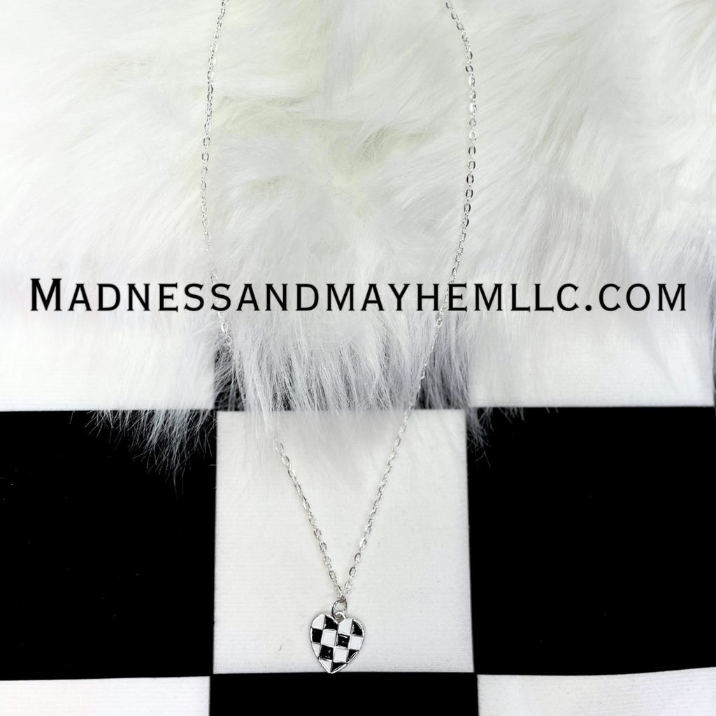Silver Checkered Hear Necklace
