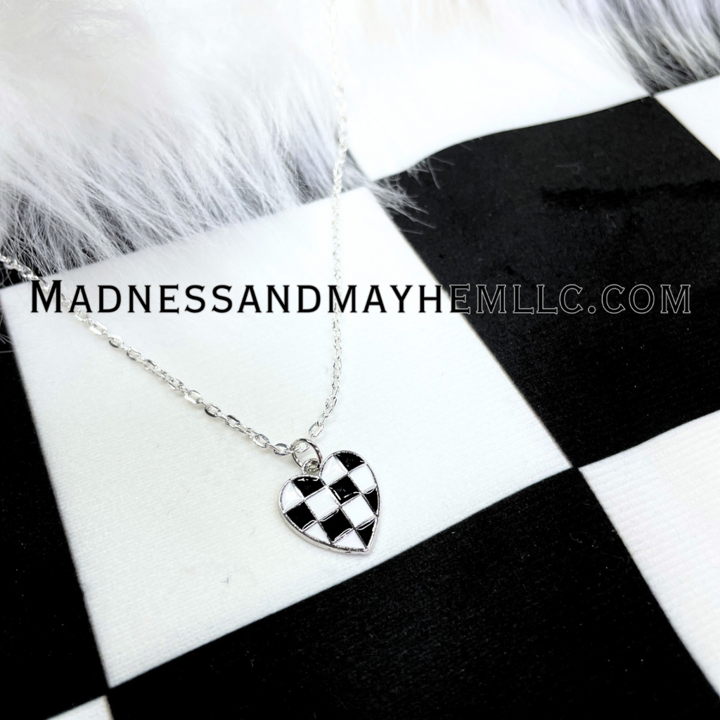 Silver Checkered Hear Necklace
